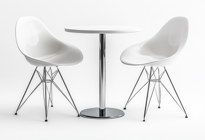 Dwa nowoczesne krzesła i okrągły stolik ze srebrną podstawą do stołu.