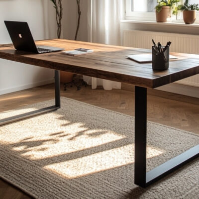 Na dywanie stoi nowoczesne biurko z drewnianym blatem, oparte na czarnych stelażach do stołów.