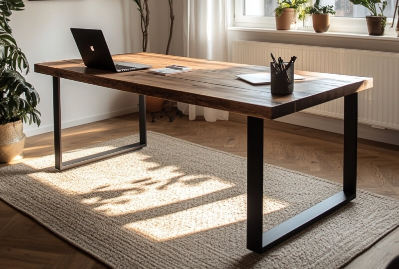 Na dywanie stoi nowoczesne biurko z drewnianym blatem, oparte na czarnych stelażach do stołów.