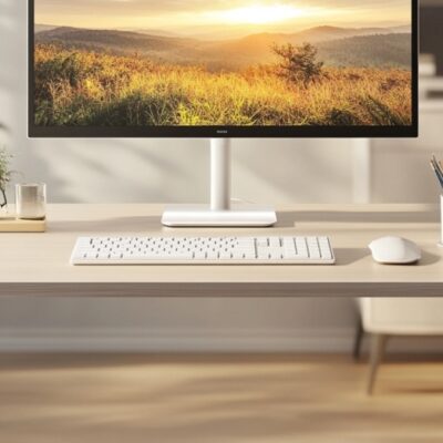 Na biurku w biurze open space z monitorami użyto stelazy do biurek open space, podkreślających nowoczesny design.