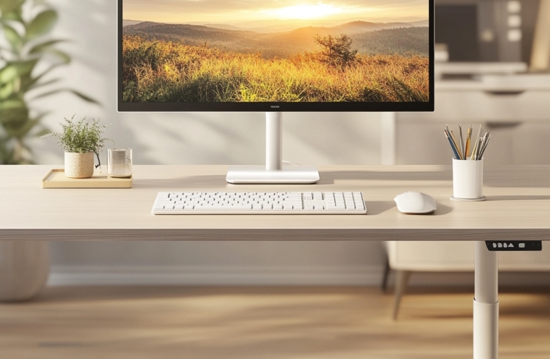 Na biurku w biurze open space z monitorami użyto stelazy do biurek open space, podkreślających nowoczesny design.