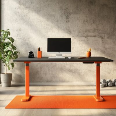 Nowoczesne biuro z komputerem na biurku, pod którym widoczne są pomarańczowe stelaze do biurek.