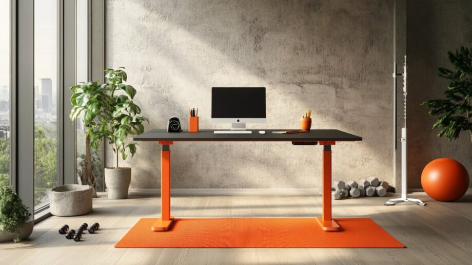 Nowoczesne biuro z komputerem na biurku, pod którym widoczne są pomarańczowe stelaze do biurek.