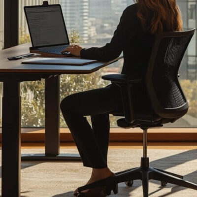 Kobieta pracuje przy biurku z elektrycznie regulowanymi stelażami w nowoczesnym biurze.