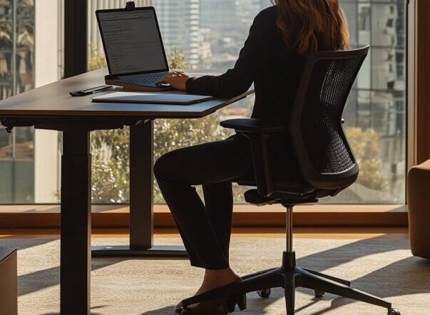 Kobieta pracuje przy biurku z elektrycznie regulowanymi stelażami w nowoczesnym biurze.