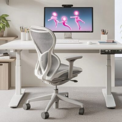 Nowoczesne biuro z biurkiem na stelaze regulowane elektrycznie, wyposażonym w ergonomiczne krzesło i monitor.