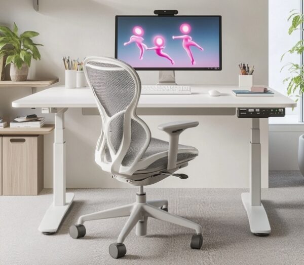 Nowoczesne biuro z biurkiem na stelaze regulowane elektrycznie, wyposażonym w ergonomiczne krzesło i monitor.