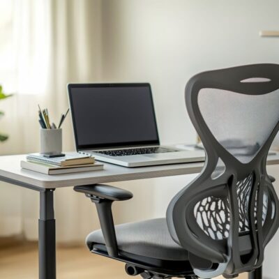 Nowoczesne biuro z biurkiem na stelaze regulowane recznie i ergonomicznym krzesłem.