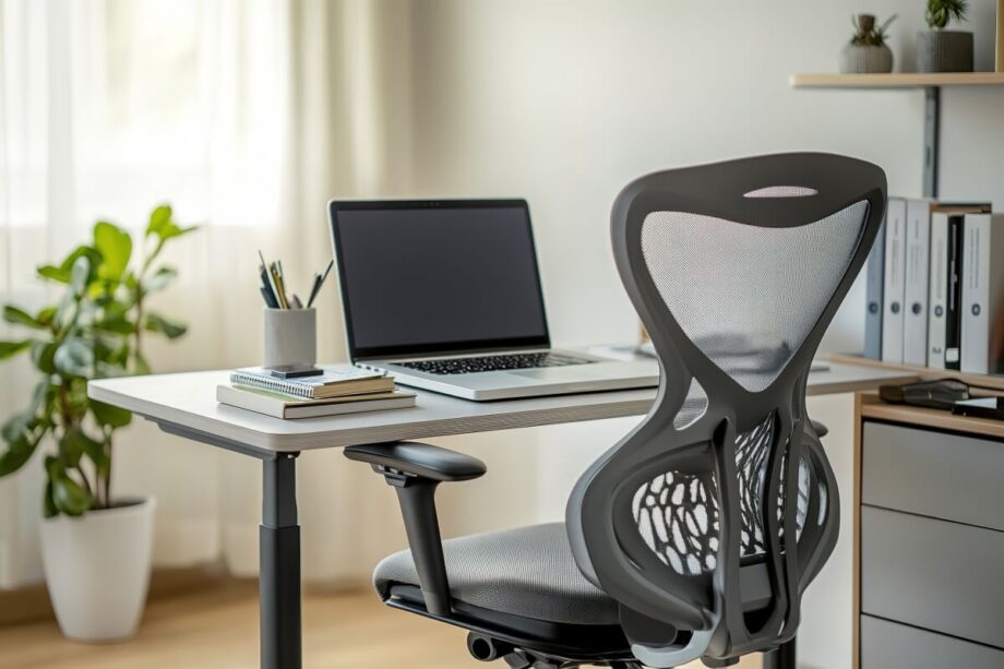 Nowoczesne biuro z biurkiem na stelaze regulowane recznie i ergonomicznym krzesłem.