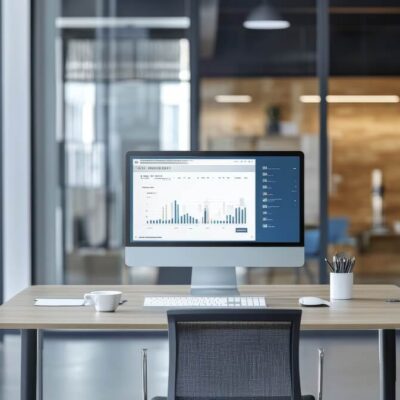 Nowoczesne biuro z komputerem na biurku, które ma stelaze regulowane ręcznie.