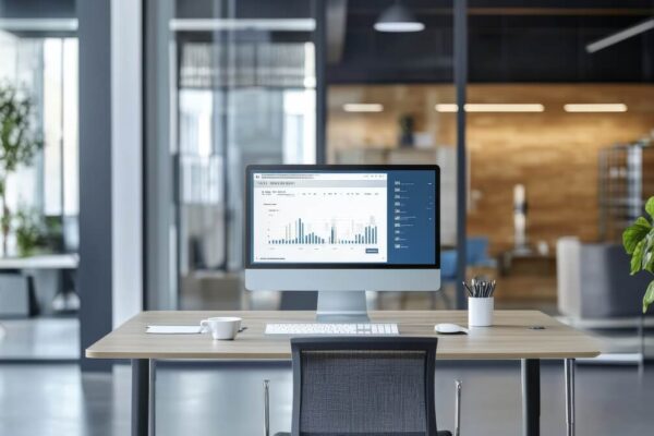 Nowoczesne biuro z komputerem na biurku, które ma stelaze regulowane ręcznie.