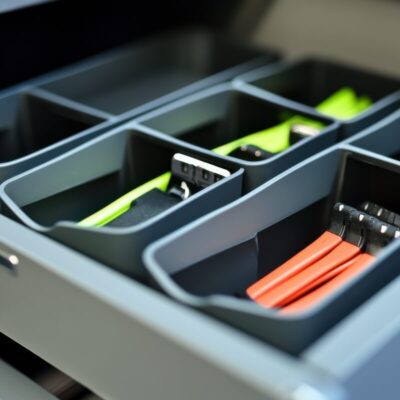 Otwarta szuflada z komorami wypełniona akcesoriami, ukazująca szuflady plastikowe.