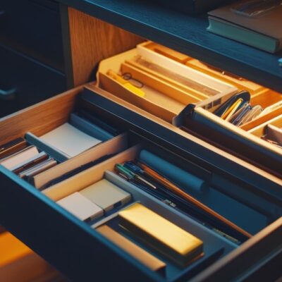 Otwarta szafka z uporządkowanymi przyborami biurowymi w szufladach metalowych.