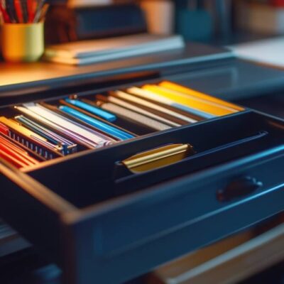 Biurko z wysuniętą szufladą pełną długopisów, gdzie nieopodal widać szuflady plastikowe.