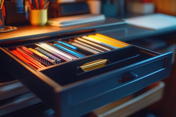 Biurko z wysuniętą szufladą pełną długopisów, gdzie nieopodal widać szuflady plastikowe.