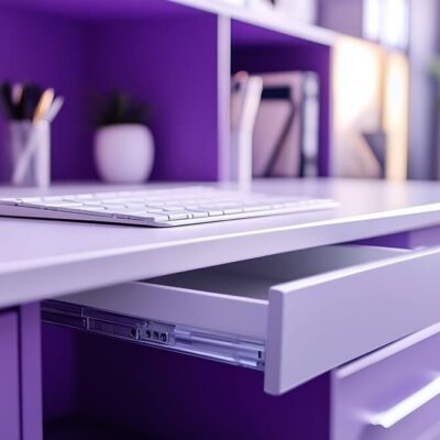 Biurko z szufladami plastikowymi w fioletowym pokoju.