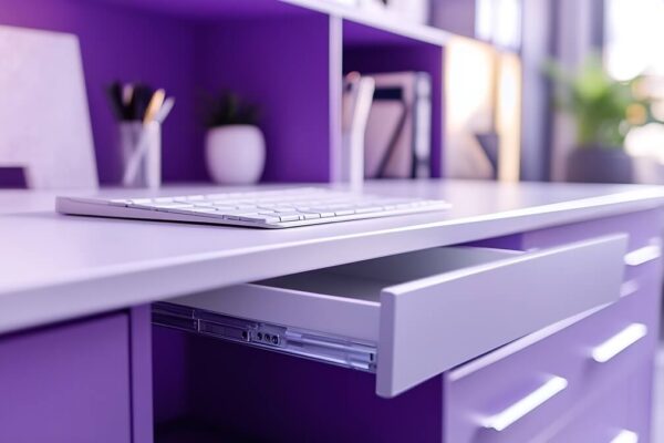Biurko z szufladami plastikowymi w fioletowym pokoju.