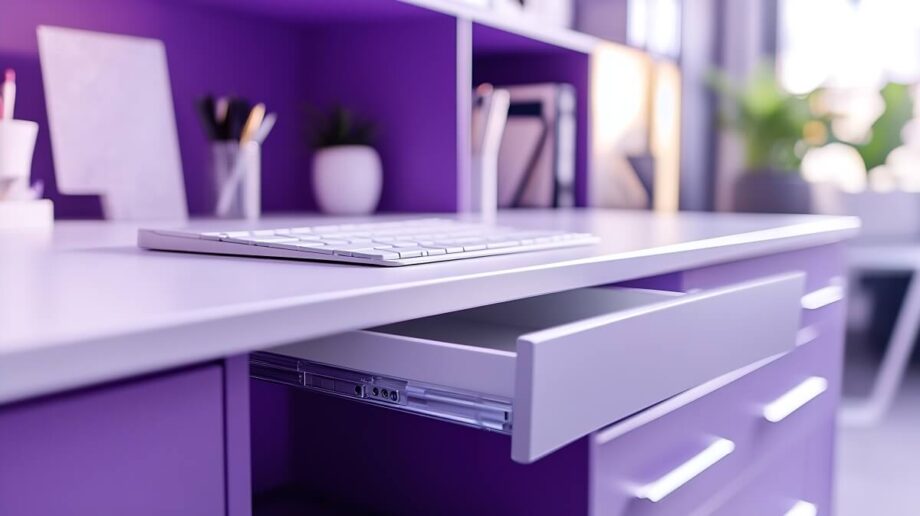Biurko z szufladami plastikowymi w fioletowym pokoju.