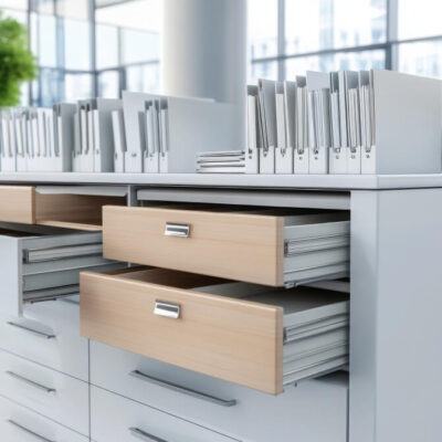 Biuro z drewnianymi szafkami, które mają szuflady stalowe.