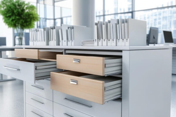 Biuro z drewnianymi szafkami, które mają szuflady stalowe.