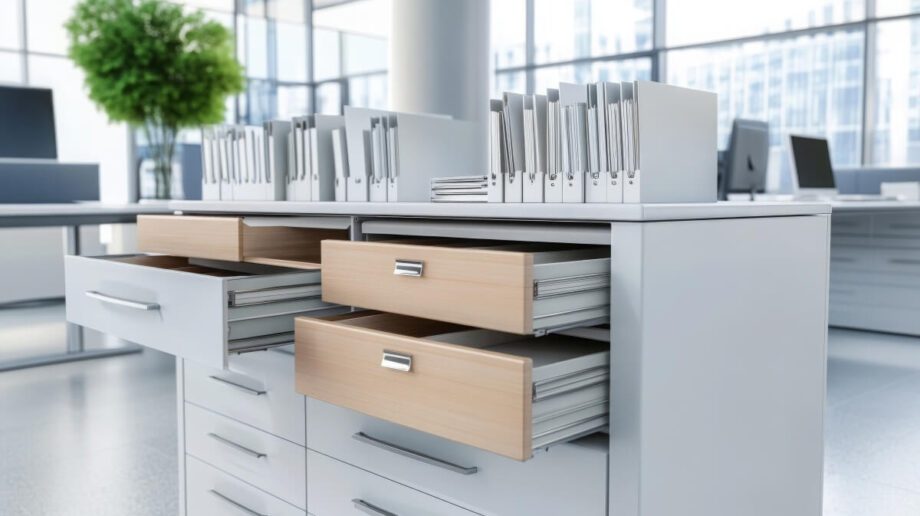 Biuro z drewnianymi szafkami, które mają szuflady stalowe.